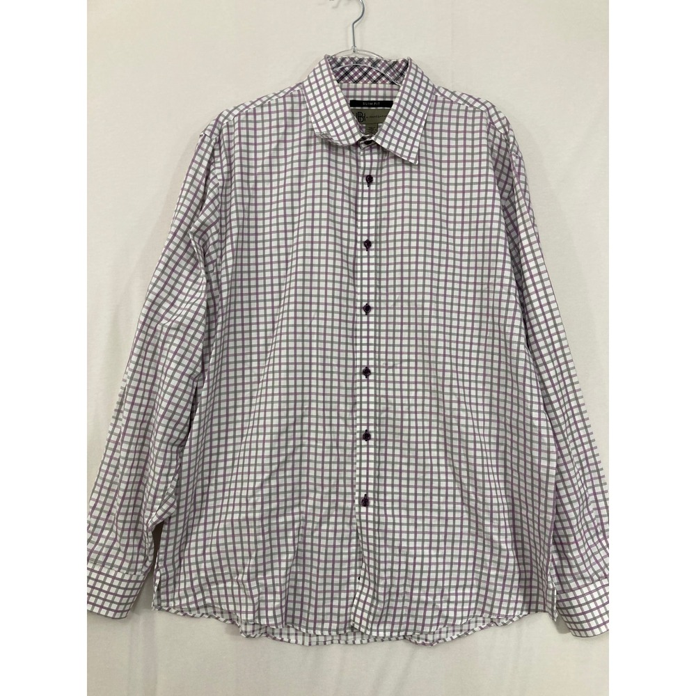 Jhane Barnes Button Down Shirt XL Purple Grey Check Slim Fit Cotton Long Sleeve